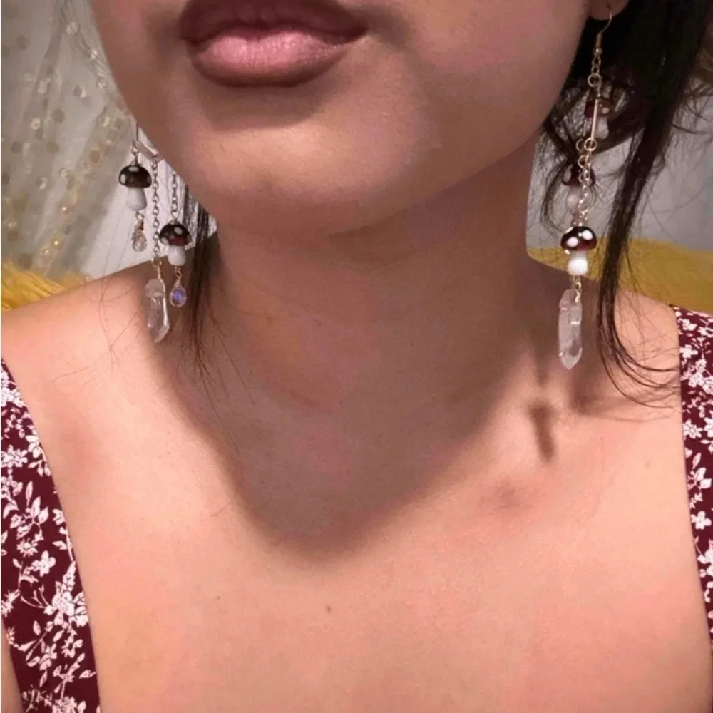 2/$30🌵 Mushroom Gold Chandelier Earrings Crystals Forest Hippie Boho Fairy NEW